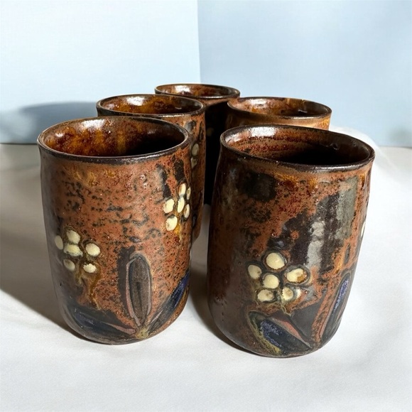 Vintage Hand Crafted set of 5 redware Glasses Hand Painted Floral Design - Picture 1 of 5